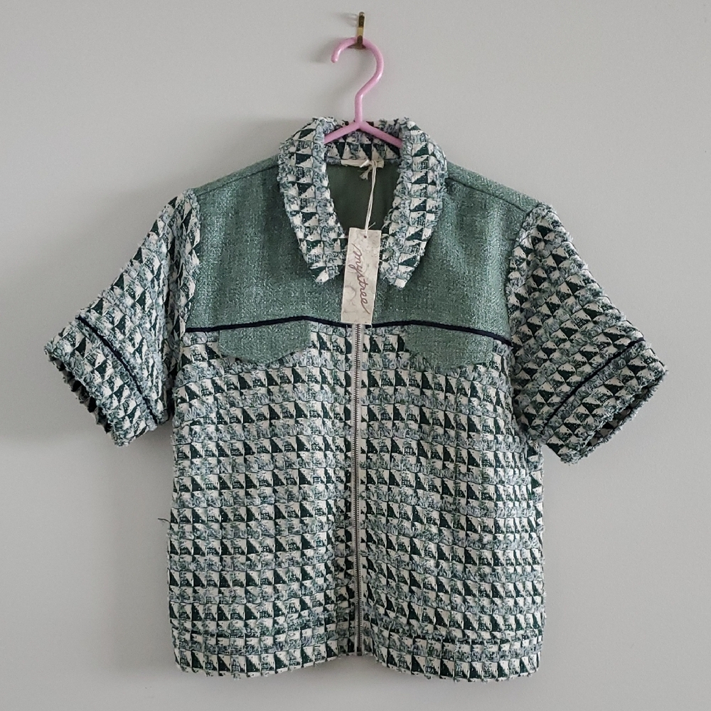 NWT Mystree Green Cream Tweed Short Sleeve Textured Blazer Jacket Sz S Career
